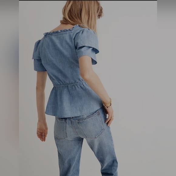 NWOT MADEWELL Chambray Ruffle-Sleeve Peplum Top S - Picture 2 of 11